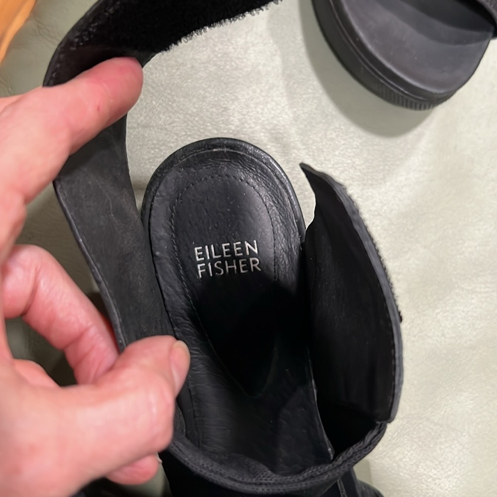 Eileen Fisher Spree Black Leather Platform Mesh Ankle Sandals - Picture 6 of 8